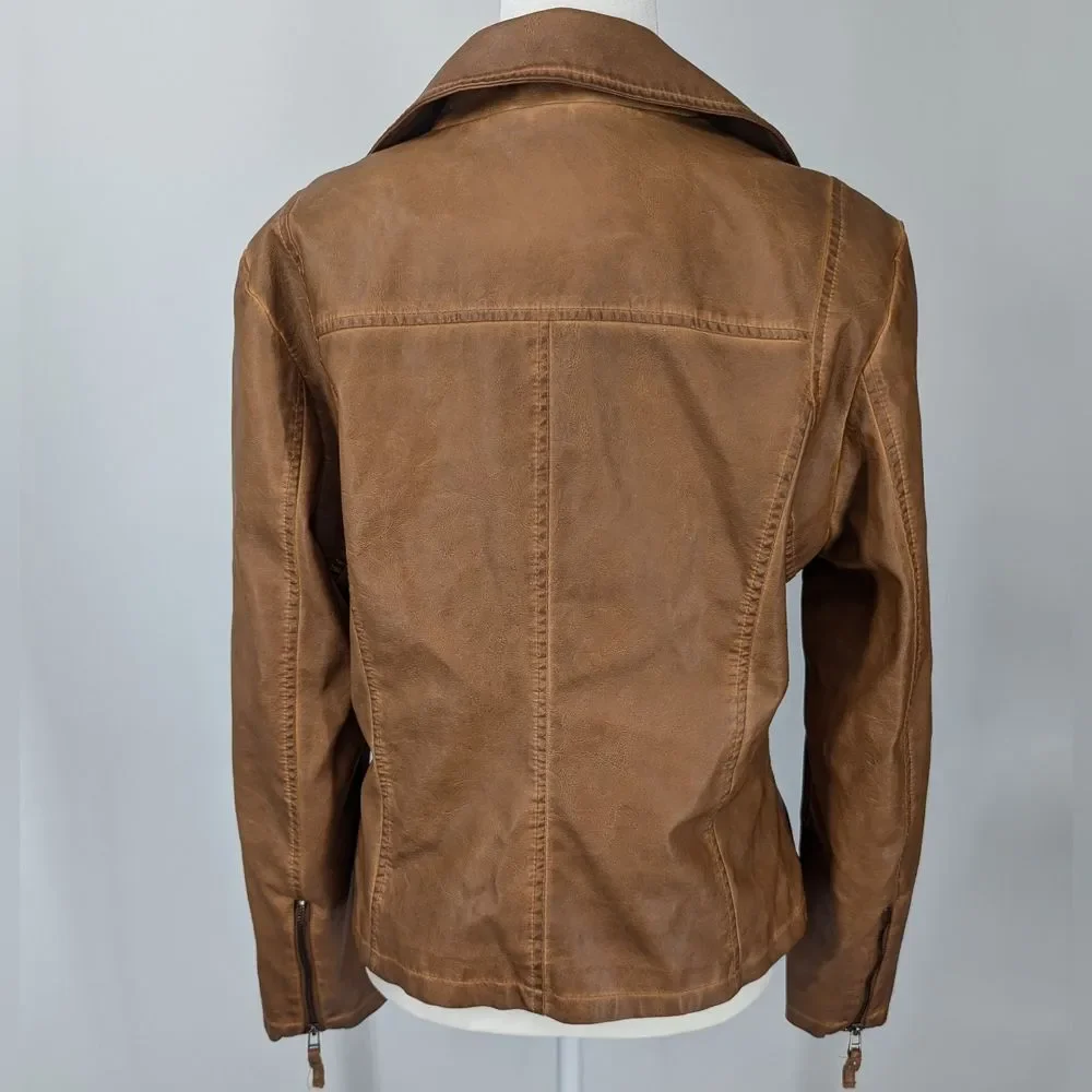 Max Studio Vegan Faux Leather Asymmetric Zip Moto Jacket Cognac Brown Large NWT
